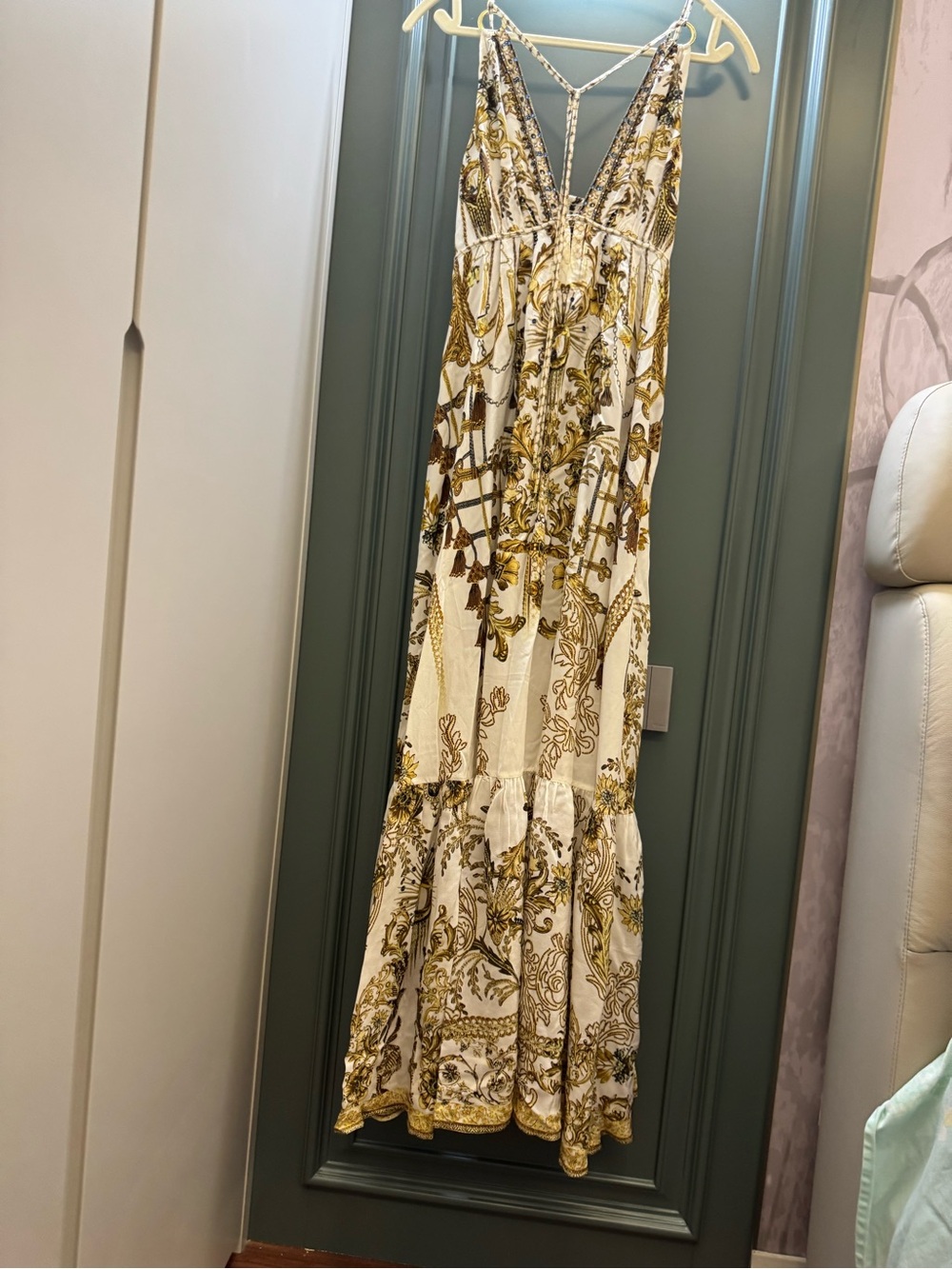 Camilla Boho Maxi Dress in White and Gold Floral Print
